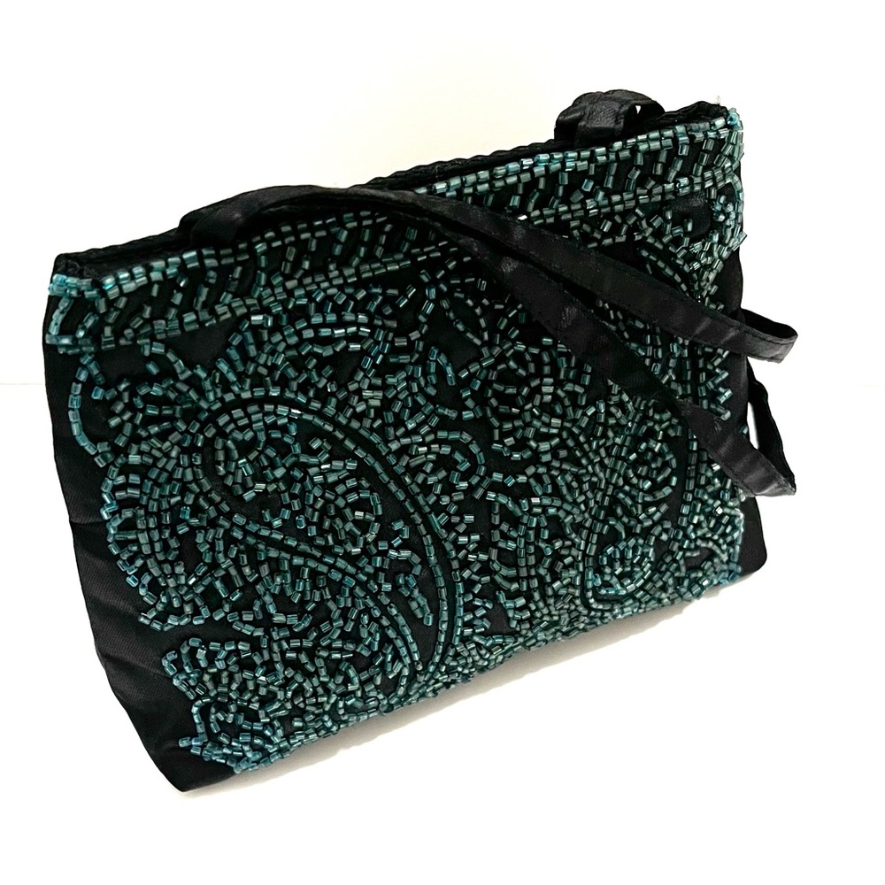 Vintage Teal Green Beaded Evening Bag Black Satin - Picture 3 of 15